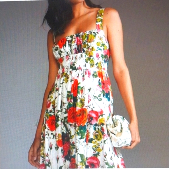 Anthropologie Dresses & Skirts - ANTHROPOLOGIE Corset Midi Dress Red White Floral Bra Shelf Smocking Size 8